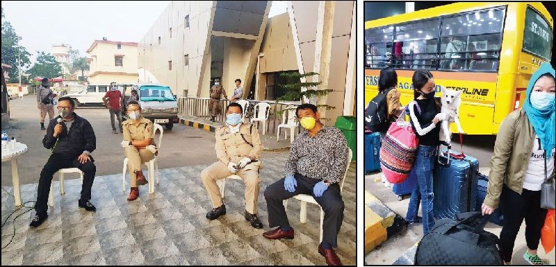 (LEFT) Left to Right: Dimapur COVID-19 in charge, Kikheto Sema; DCP Zone II, Aotula Imchen; Convenor, COVID-19 Core Committee, Honje Konyak and Commissioner of Police, Rothihu Tetseo at the Railway Station in Dimapur on June 9. (RIGHT) A returnee to Nagaland along with her pet at the Dimapur Railway Station on June 9. (Morung Photo)